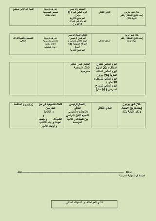 ‫أهمية‬‫المجتمع‬ ‫في‬ ‫المرأة‬ ‫تربوية‬ ‫عروض‬
‫تحسيسية‬ ‫خصص‬
‫ملفات‬ ‫إعداد‬
‫الرئيسي‬ ‫:الموضوع‬
‫للمرأة‬ ‫العالمي‬ ‫اليوم‬(1
‫مارس‬)
‫الثانوية‬ ‫المواضيع‬
‫للمرأة‬ ‫الوطني‬ ‫اليوم‬(
12‫أكتوبر‬)
‫الثقافي‬ ‫النادي‬ ‫مارس‬ ‫شهر‬ ‫خالل‬
(‫وتخبر‬ ‫االحتفال‬ ‫تاريخ‬ ‫يحدد‬
‫بذلك‬ ‫النيابة‬)
‫التراث‬ ‫بأهمية‬ ‫التحسيس‬
‫الثقافي‬
‫تربوية‬ ‫عروض‬
‫تحسيسية‬ ‫خصص‬
‫ملفات‬ ‫إعداد‬
‫للمتحف‬ ‫زيارة‬
‫الرئيسى‬ ‫:المجال‬‫الثقافي‬
‫الرئيسي‬ ‫الموضوع‬:
‫و‬ ‫للمباني‬ ‫العالمي‬ ‫اليوم‬
‫التاريخية‬ ‫المواقع‬(11
‫أبريل‬)
‫الثانوية‬ ‫المواضيع‬
‫الثقافي‬ ‫النادي‬
‫ابريل‬ ‫شهر‬ ‫خالل‬
(‫وتخبر‬ ‫االحتفال‬ ‫تاريخ‬ ‫يحدد‬
‫بذلك‬ ‫النيابة‬
‫إحضار‬‫لبعض‬ ‫صور‬
‫التاريخية‬ ‫المآثر‬
‫مسرحية‬
‫العالمي‬ ‫اليوم‬‫لحقوق‬
‫المؤلف‬(00‫أبريل‬)
‫للملكية‬ ‫العالمي‬ ‫اليوم‬
‫الفكرية‬(06‫أبريل‬)
‫للمتحف‬ ‫العالمي‬ ‫اليوم‬(
11‫ماي‬)
‫للمسرح‬ ‫العالمي‬ ‫اليوم‬
‫المدرسي‬(11‫ماي‬)
‫المنافسة‬ ‫روح‬ ‫زرع‬ ‫حق‬ ‫في‬ ‫تشجيعية‬ ‫كلمات‬
‫المدرسين‬
‫التالميذ‬ ‫و‬
‫و‬
‫التلميذات‬‫جمعية‬ ‫و‬
‫التالميذ‬ ‫آباء‬ ‫و‬ ‫أـمهات‬
‫األمور‬ ‫أولياء‬ ‫و‬
‫الرئيسي‬ ‫:المجال‬
‫الثقافي‬
‫الرئيسي‬ ‫:الموضوع‬
‫الدراسي‬ ‫التميز‬ ‫تشجيع‬
‫تالميذ‬ ‫و‬ ‫تلميذات‬ ‫بين‬
‫المؤسسة‬
‫الثقافي‬ ‫النادي‬
‫يوليوز‬ ‫شهر‬ ‫خالل‬
(‫االحتفال‬ ‫تاريخ‬ ‫يحدد‬
‫بذلك‬ ‫النيابة‬ ‫وتخبر‬
‫ص‬48-------------------------------------------------------------------------------------------------------------------‫الدليل‬
‫المدرسية‬ ‫التعاونية‬ ‫في‬ ‫المبسط‬
‫المدني‬ ‫السلوك‬ ‫و‬ ‫المواطنة‬ ‫نادي‬
 