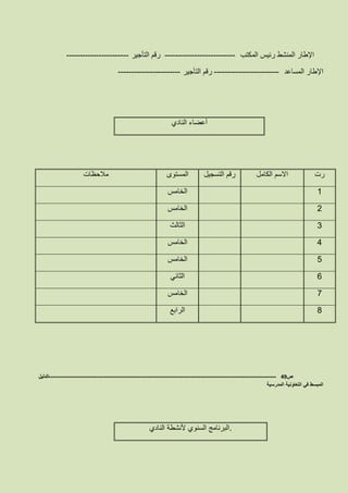 ‫المكتب‬ ‫رئيس‬ ‫المنشط‬ ‫اإلطار‬--------------------------‫التأجير‬ ‫رقم‬-----------------------
‫المساعد‬ ‫اإلطار‬------------------------‫التأجير‬ ‫رقم‬-----------------------
‫النادي‬ ‫أعضاء‬
‫رت‬‫الكامل‬ ‫االسم‬‫التسجيل‬ ‫رقم‬‫المستوى‬‫مالحظات‬
8‫الخامس‬
3‫الخامس‬
6‫الثالث‬
2‫الخامس‬
8‫الخامس‬
3‫الثاني‬
7‫الخامس‬
5‫الرابع‬
‫ص‬49-------------------------------------------------------------------------------------------------------------------‫الدليل‬
‫التعاونية‬ ‫في‬ ‫المبسط‬‫المدرسية‬
.‫النادي‬ ‫ألنشطة‬ ‫السنوي‬ ‫البرنامج‬
 