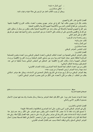 -‫أمين‬‫المال‬+‫نائبه؛‬
-‫الباقي‬‫مستشارون‬.
‫ويمكن‬‫أن‬‫ينوب‬‫الكاتب‬‫العام‬‫عن‬‫الرئيس‬‫في‬‫حالة‬‫غيابه‬‫وغياب‬‫نائبه‬.
‫الفصل‬‫التاسع‬‫عشر‬:‫الفرع‬‫الجهوي‬
‫ينتخب‬‫بكل‬‫فرع‬‫جهوي‬‫مكتب‬‫لهذا‬‫الفرع‬‫في‬‫مؤتمر‬‫جهوي‬‫يحضره‬‫أعضاء‬‫مكاتب‬‫الفروع‬‫اإلقليمية‬‫بالجهة‬
‫والمسؤولون‬‫عن‬‫التعاون‬ ‫قطاع‬‫المدرسي‬‫باألكاديمية‬‫الجهوية‬‫للتربية‬‫والتكوين‬‫المعنية‬.
‫يدير‬‫الفرع‬‫الجهوي‬‫للجمعية‬‫باإلضافة‬‫إلى‬‫ممثل‬‫واحد‬‫عن‬‫األكاديمية‬‫المعنية‬‫مكتب‬‫متكون‬‫من‬‫ممثل‬‫أو‬‫ْن‬‫ي‬‫ممثل‬‫ْن‬‫ي‬‫اثن‬
‫عن‬‫كل‬‫فرع‬‫بالتساوي‬ ‫إقليمي‬‫على‬‫أن‬‫ينتخب‬‫باقي‬‫األعضاء‬‫من‬‫ْن‬‫ي‬‫ب‬‫ِرين‬‫م‬‫المؤت‬.‫وتتوزع‬‫المهام‬‫فيما‬‫بينهم‬‫عن‬‫طريق‬
‫االقتراع‬‫على‬‫النحو‬‫التالي‬
‫رئيس‬‫وخمسة‬‫نواب‬‫للرئيس؛‬
‫كاتب‬‫عام‬‫ونائبه؛‬
‫أمين‬‫للمال‬‫ونائبه؛‬
‫خمسة‬‫مستشارين‬.
‫الباب‬‫الخامس‬:‫المؤتمر‬‫الوطني‬
‫الفصل‬‫العشرون‬:
‫يتكون‬‫المؤتمر‬‫الوطني‬‫للجمعية‬‫من‬‫أعضاء‬‫المكتب‬‫الوطني‬‫وأعضاء‬‫المجلس‬‫الوطني‬‫ومن‬‫أعضاء‬‫ينتمون‬‫للمصلحة‬
‫المركزية‬‫بتدبير‬ ‫المكلفة‬‫مجال‬‫الحياة‬‫المدرسية‬‫ومن‬‫بين‬‫منسقي‬‫اللجان‬‫الوطنية‬‫ورؤساء‬‫الفروع‬‫اإلقليمية‬‫ورؤساء‬
‫المجالس‬‫الجهوية‬‫وأمناء‬‫وكتاب‬‫الفروع‬‫غير‬ ‫اإلقليمية‬‫الممثلين‬‫في‬‫المجلس‬‫الوطني‬‫بنسبة‬‫تمثيلية‬‫تراعي‬‫عدد‬
‫المنخرطين‬‫ويحددها‬‫المكتب‬‫الوطني؛‬
‫تتكون‬‫من‬‫بين‬‫أعضاء‬‫المكتب‬‫لجنة‬‫لضبط‬‫الئحة‬‫المؤتمرين‬‫وإثبات‬‫النصاب‬‫القانوني؛‬
‫تسند‬‫مهمة‬‫رئاسة‬‫المؤتمر‬‫لرئيس‬‫الجمعية‬‫أو‬‫من‬‫ينوب‬‫عنه؛‬-
‫يعقد‬‫المؤتمر‬‫الوطني‬‫مرة‬‫كل‬‫أربع‬‫سنوات‬‫في‬‫التاريخ‬‫والمكان‬‫المحددين‬‫في‬،‫االستدعاء‬‫ويمكن‬‫عقد‬‫مؤتمر‬‫استثنائي‬
‫بطلب‬‫من‬‫المكتب‬‫أو‬‫بطلب‬‫من‬‫ثلثي‬‫األعضاء‬‫على‬‫األقل‬‫من‬‫الذين‬‫حضروا‬‫المؤتمر‬‫الوطني‬‫األخير؛‬
‫ص‬69-------------------------------------------------------------------------------------------------------------------‫الدليل‬
‫المدرسية‬ ‫التعاونية‬ ‫في‬ ‫المبسط‬
‫تبعث‬‫الدعوات‬‫خمسة‬‫عشر‬‫يوما‬‫على‬‫األقل‬‫قبل‬‫انعقاد‬‫المؤتمر‬‫بواسطة‬‫رسائل‬،‫خاصة‬‫وقد‬‫حدد‬‫فيها‬‫جدول‬‫األعمال‬
‫م‬‫بالتقرير‬ ‫صحوبة‬‫األدبي‬‫والمالي‬
‫الفصل‬‫الحادي‬‫والعشرون‬:
‫ُتلى‬‫ي‬‫في‬‫المؤتمر‬‫الوطني‬‫تقرير‬‫أدبي‬‫وتقرير‬‫مالي‬‫أمام‬‫المؤتمرين‬‫لمناقشتهما‬‫والمصادقة‬‫عليهما؛‬
‫ال‬‫تصبح‬‫القرارات‬‫نافدة‬‫إال‬‫إذا‬‫حضر‬‫ثلثا‬‫األعضاء‬‫الذين‬‫يتكون‬‫منهم‬‫المؤتمر‬‫على‬‫األقل‬.‫وعند‬‫عدم‬‫توفر‬‫هذا‬
‫النصاب‬‫االستدعاءات‬ ‫ه‬َّ‫توج‬‫بنفس‬‫الشروط‬‫إلى‬‫مؤتمر‬‫وطني‬‫ثان‬‫بناء‬‫على‬‫ما‬‫ينص‬‫عليه‬‫الفصل‬22‫أسفله‬.‫وفي‬‫هذه‬
‫الحالة‬‫تنفذ‬‫القرارات‬‫بأغلبية‬‫األعضاء‬ ‫أصوات‬،‫الحاضرين‬‫على‬‫أن‬‫تنحصر‬‫األشغال‬‫في‬‫النقط‬‫المسجلة‬‫بجدول‬‫أعمال‬
‫المؤتمر‬‫الوطني‬‫السابق‬‫والذي‬‫توقفت‬‫أشغاله‬‫بسبب‬‫عدم‬‫اكتمال‬‫النصاب‬‫القانوني‬.
 