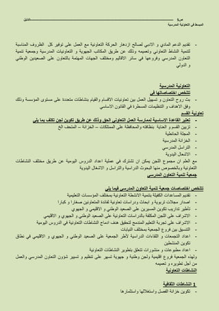 ‫ص‬5-------------------------------------------------------------------------------------------------------------------‫الدليل‬
‫ا‬ ‫التعاونية‬ ‫في‬ ‫المبسط‬‫لمدرسية‬
-‫على‬ ‫العمل‬ ‫مع‬ ‫التعاونية‬ ‫الحركة‬ ‫ازدهار‬ ‫لصالح‬ ‫االدبي‬ ‫و‬ ‫المادي‬ ‫الدعم‬ ‫تقديم‬‫كل‬ ‫توفير‬‫المناسبة‬ ‫الظروف‬
‫تنمية‬ ‫وجمعية‬ ‫المدرسية‬ ‫التعاونيات‬ ‫و‬ ‫الجهوية‬ ‫المكاتب‬ ‫طريق‬ ‫عن‬ ‫وذلك‬ ‫وتعميمه‬ ‫التعاوني‬ ‫النشاط‬ ‫لتنمية‬
‫الجهات‬ ‫ومختلف‬ ‫االقاليم‬ ‫سائر‬ ‫في‬ ‫وفروعها‬ ‫المدرسي‬ ‫التعاون‬‫على‬ ‫بالتعاون‬ ‫المهتمة‬‫الصعيدين‬‫الوطني‬
‫الدولي‬ ‫و‬
‫المدرسية‬ ‫التعاونية‬
‫في‬ ‫اختصاصاتها‬ ‫تتلخص‬
-‫وذلك‬ ‫المؤسسة‬ ‫مستوى‬ ‫على‬ ‫متعددة‬ ‫بنشاطات‬ ‫والقيام‬ ‫االقسام‬ ‫تعاونيات‬ ‫بين‬ ‫العمل‬ ‫تسهيل‬ ‫و‬ ‫التعاون‬ ‫روح‬ ‫بث‬
‫االساسي‬ ‫القانون‬ ‫في‬ ‫المسطرة‬ ‫التنظيمات‬ ‫و‬ ‫االهداف‬ ‫وفق‬
‫القسم‬ ‫تعاونية‬
-‫يلي‬ ‫بما‬ ‫تكلف‬ ‫لجن‬ ‫تكوين‬ ‫طريق‬ ‫عن‬ ‫وذلك‬ ‫الحق‬ ‫التعاوني‬ ‫العمل‬ ‫لممارسة‬ ‫االساسية‬ ‫القاعدة‬ ‫تعتبر‬
-‫الممتلكات‬ ‫على‬ ‫والمحافظة‬ ‫بنظافته‬ ‫العناية‬ ‫و‬ ‫القسم‬ ‫تزيين‬–‫الخزانة‬–‫الخ‬ ‫المتحف‬
-‫الحائطية‬ ‫المجلة‬
-‫المدرسية‬ ‫الخزانة‬
-‫المدرسي‬ ‫التراسل‬
-‫اليدوية‬ ‫االشعال‬
‫النشاطات‬ ‫مختلف‬ ‫طريق‬ ‫عن‬ ‫اليومية‬ ‫الدروس‬ ‫اعداد‬ ‫عملية‬ ‫في‬ ‫تشترك‬ ‫ان‬ ‫يمكن‬ ‫اللجن‬ ‫مجموع‬ ‫ان‬ ‫العلم‬ ‫مع‬
‫اليدوية‬ ‫االشغال‬ ‫و‬ ‫والتراسل‬ ‫الدراسية‬ ‫البحوث‬ ‫منها‬ ‫وبالخصوص‬ ‫التعاونية‬
‫المدرسي‬ ‫التعاون‬ ‫تنمية‬ ‫جمعية‬
‫يلي‬ ‫فيما‬ ‫المدرسي‬ ‫التعاون‬ ‫تنمية‬ ‫جمعية‬ ‫اختصاصات‬ ‫تتلخص‬
-‫المساعدا‬ ‫تقديم‬‫التعليمية‬ ‫المؤسسات‬ ‫بمختلف‬ ‫التعاونية‬ ‫االنشطة‬ ‫بتنمية‬ ‫الكفيلة‬ ‫ت‬
-‫كبارا‬ ‫و‬ ‫صغارا‬ ‫المتعاونين‬ ‫لفائدة‬ ‫تعاونية‬ ‫ودراسات‬ ‫ابحاث‬ ‫و‬ ‫تربوية‬ ‫مجالت‬ ‫اصدار‬
-‫ت‬‫أ‬‫الجهوي‬ ‫و‬ ‫االقليمي‬ ‫و‬ ‫الوطني‬ ‫الصعيد‬ ‫على‬ ‫المسيرين‬ ‫تكوين‬ ‫تداريب‬ ‫طير‬
-‫الص‬ ‫على‬ ‫التعاونية‬ ‫بالدراسات‬ ‫المكلفة‬ ‫اللجن‬ ‫على‬ ‫االشراف‬‫االقليمي‬ ‫و‬ ‫الجهوي‬ ‫و‬ ‫الوطني‬ ‫عيد‬
-‫المندمج‬ ‫التعليم‬ ‫تجربة‬ ‫على‬ ‫االشراف‬‫اليومية‬ ‫الدروس‬ ‫في‬ ‫التعاونية‬ ‫النشاطات‬ ‫ادماج‬ ‫هدف‬ ‫لتحقيق‬
-‫بمختلف‬ ‫الجمعية‬ ‫فروع‬ ‫بين‬ ‫التنسيق‬‫النيابات‬
-‫الدراسية‬ ‫اللقاءات‬ ‫و‬ ‫التجمعات‬ ‫اعداد‬‫ألطر‬‫نطاق‬ ‫في‬ ‫االقليمي‬ ‫و‬ ‫الجهوي‬ ‫و‬ ‫الوطني‬ ‫الصعيد‬ ‫على‬ ‫الجمعية‬
‫المنشطين‬ ‫تكوين‬
-‫منشورات‬ ‫و‬ ‫مطبوعات‬ ‫اعداد‬‫التعاونية‬ ‫النشاطات‬ ‫بتطوير‬ ‫تتعلق‬
‫والعمل‬ ‫المدرسي‬ ‫التعاون‬ ‫شؤون‬ ‫تسيير‬ ‫و‬ ‫تنظيم‬ ‫على‬ ‫تسهر‬ ‫جهوية‬ ‫و‬ ‫وطنية‬ ‫ولجن‬ ‫اقليمية‬ ‫فروع‬ ‫الجمعية‬ ‫ولهذه‬
‫تعميمه‬ ‫و‬ ‫تطويره‬ ‫أجل‬ ‫من‬
‫النشاطات‬‫التعاونية‬
1‫الثقافية‬ ‫النشاطات‬
-‫واستثمارها‬ ‫واستغاللها‬ ‫الفصل‬ ‫خزانة‬ ‫تكوين‬
 