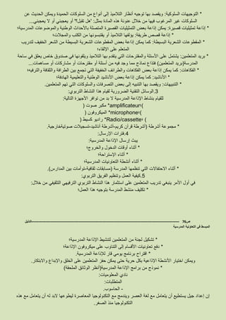 *‫السلوكية‬ ‫التوجيهات‬:‫عن‬ ‫الحديث‬ ‫ويمكن‬ ‫الحميدة‬ ‫السلوكات‬ ‫من‬ ‫أنواع‬ ‫إلى‬ ‫التالميذ‬ ‫أنظار‬ ‫توجيه‬ ‫بها‬ ‫ويقصد‬
‫بمثل‬ ‫المادة‬ ‫هذه‬ ‫عنونة‬ ‫خالل‬ ‫من‬ ‫فيها‬ ‫المرغوب‬ ‫غير‬ ‫السلوكات‬:'‫تقبل؟‬ ‫هل‬'‫يعجبني‬ ‫ال‬ ‫أو‬ ‫يعجبني‬ ‫أو‬...
*‫قصيرة‬ ‫تمثيليات‬ ‫إذاعة‬:‫القصير‬ ‫التمثيليات‬ ‫بعض‬ ‫إذاعة‬ ‫يمكن‬‫المدرسية؛‬ ‫والموضوعات‬ ‫الوطنية‬ ‫باألحداث‬ ‫المتصلة‬ ‫ة‬
*‫طريفة‬ ‫قصص‬ ‫إذاعة‬:‫والمجالت؛‬ ‫الكتب‬ ‫من‬ ‫يقتبسونها‬ ‫أو‬ ‫التالميذ‬ ‫يؤلفها‬
*‫البسيطة‬ ‫الشعرية‬ ‫المقطوعات‬:‫لتدريب‬ ‫الخفيف‬ ‫الشعر‬ ‫من‬ ‫البسيطة‬ ‫الشعرية‬ ‫المقطوعات‬ ‫بعض‬ ‫إذاعة‬ ‫يمكن‬ ‫كما‬
‫اإللقاء؛‬ ‫على‬ ‫المتعلم‬
*‫المتعلمين‬ ‫بريد‬:‫يشتمل‬‫ساحة‬ ‫في‬ ‫يعلق‬ ‫خاص‬ ‫صندوق‬ ‫في‬ ‫ويلقونها‬ ‫التالميذ‬ ‫بها‬ ‫يتقدم‬ ‫التي‬ ‫والمقترحات‬ ‫األسئلة‬ ‫على‬
‫المدرسة‬(‫المتعلمين‬ ‫بريد‬)‫مساهمات‬ ‫أو‬ ‫مشاركات‬ ‫أو‬ ‫مقترحات‬ ‫أو‬ ‫أسئلة‬ ‫من‬ ‫فيه‬ ‫وجد‬ ‫مما‬ ‫نماذج‬ ‫فتذاع‬...
*‫الفكاهات‬:‫و‬ ‫الطرافة‬ ‫بين‬ ‫تجمع‬ ‫التي‬ ‫الخفيفة‬ ‫والطرائف‬ ‫الفكاهات‬ ‫بعض‬ ‫إذاعة‬ ‫يمكن‬ ‫كما‬‫والترفيه؛‬ ‫الثقافة‬
*‫األناشيد‬:‫الهادفة؛‬ ‫والتعليمية‬ ‫الوطنية‬ ‫األناشيد‬ ‫بعض‬ ‫إذاعة‬ ‫يمكن‬ ‫كما‬
*‫التنبيهات‬:‫المتعلمين‬ ‫تهم‬ ‫التي‬ ‫والسلوكات‬ ‫التصرفات‬ ‫بعض‬ ‫إلى‬ ‫التنبيه‬ ‫بها‬ ‫ويقصد‬.
6.‫التربوي‬ ‫النشاط‬ ‫هذا‬ ‫لقيام‬ ‫الضرورية‬ ‫التقنية‬ ‫الوسائل‬:
‫من‬ ‫بد‬ ‫ال‬ ‫المدرسية‬ ‫اإلذاعة‬ ‫بنشاط‬ ‫للقيام‬‫التالية‬ ‫األجهزة‬ ‫توافر‬:
*‫صوت‬ ‫مكبر‬( amplificateur )‫؛‬
*‫الميكروفون‬( microphone )‫؛‬
*‫كسيط‬ ‫راديو‬( Radio/cassette )‫؛‬
*‫أشرطة‬ ‫مجموعة‬(‫كريم‬ ‫قرآن‬ ‫أشرطة‬-‫أناشيد‬ ‫أشرطة‬-‫صوتيةخارجية‬ ‫تسجيالت‬.
2.‫اإلرسال‬ ‫فترات‬:
‫المدرسية‬ ‫اإلذاعة‬ ‫إرسال‬ ‫يبث‬:
*‫والخروج؛‬ ‫الدخول‬ ‫أوقات‬ ‫أثناء‬
*‫اإلستراحة؛‬ ‫أثناء‬
*‫المدرسية؛‬ ‫التعاونيات‬ ‫أنشطة‬ ‫أثناء‬
*‫المدرسة‬ ‫تنظمها‬ ‫التي‬ ‫االحتفاالت‬ ‫أثناء‬(‫ثقافية‬ ‫مسابقات‬-‫المدارس‬ ‫بين‬ ‫توأمات‬.)
8.‫التربوي‬ ‫الفريق‬ ‫وتنظيم‬ ‫العمل‬ ‫كيفية‬:
‫خالل‬ ‫من‬ ‫التثقيفي‬ ‫الترفيهي‬ ‫التربوي‬ ‫النشاط‬ ‫هذا‬ ‫استثمار‬ ‫على‬ ‫المتعلمين‬ ‫تدريب‬ ‫ينبغي‬ ‫األمر‬ ‫أول‬ ‫في‬:
*‫العمل؛‬ ‫هذا‬ ‫بتوجيه‬ ‫المدرسة‬ ‫منشط‬ ‫تكليف‬
‫ص‬76-------------------------------------------------------------------------------------------------------------------‫الدليل‬
‫المدرسية‬ ‫التعاونية‬ ‫في‬ ‫المبسط‬
*‫لتنش‬ ‫المتعلمين‬ ‫من‬ ‫لجنة‬ ‫تشكيل‬‫المدرسية؛‬ ‫اإلذاعة‬ ‫يط‬
*‫اإلذاعة؛‬ ‫ميكروفون‬ ‫على‬ ‫التناوب‬ ‫إلى‬ ‫األقسام‬ ‫تعاونيات‬ ‫دفع‬
*‫المدرسية‬ ‫لإلذاعة‬ ‫قار‬ ‫يومي‬ ‫برنامج‬ ‫اقتراح‬.
‫واالبتكار‬ ‫واإلبداع‬ ‫الخلق‬ ‫على‬ ‫المتعلمين‬ ‫حفز‬ ‫يمكن‬ ‫حتى‬ ‫حرية‬ ‫بكل‬ ‫اإلذاعية‬ ‫األنشطة‬ ‫اختيار‬ ‫ويمكن‬.
*‫المدرسية‬ ‫اإلذاعة‬ ‫برامج‬ ‫من‬ ‫نموذج‬(‫الوث‬ ‫أنظر‬‫الملحقة‬ ‫ائق‬)
‫المعلوميات‬ ‫نادي‬:
‫المتطلبات‬:
-‫الحاسوب‬.
‫هذه‬ ‫مع‬ ‫يتعامل‬ ‫أن‬ ‫له‬ ‫البد‬ ‫ليطوعها‬ ‫المعاصرة‬ ‫التكنولوجيا‬ ‫مع‬ ‫ويندمج‬ ‫العصر‬ ‫لغة‬ ‫مع‬ ‫يتعامل‬ ‫أن‬ ‫يستطيع‬ ‫جيل‬ ‫إعداد‬ ‫إن‬
‫الصغر‬ ‫منذ‬ ‫التكنولوجيا‬.
 