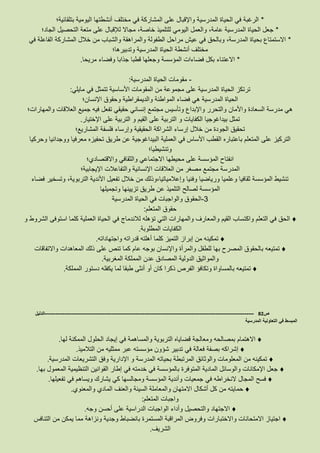 *‫بتلقائية؛‬ ‫اليومية‬ ‫أنشطتها‬ ‫مختلف‬ ‫في‬ ‫المشاركة‬ ‫على‬ ‫واإلقبال‬ ‫المدرسية‬ ‫الحياة‬ ‫في‬ ‫الرغبة‬
*‫على‬ ‫لإلقبال‬ ‫مجاال‬ ،‫خاصة‬ ‫للتلميذ‬ ‫اليومي‬ ‫والعمل‬ ،‫عامة‬ ‫المدرسية‬ ‫الحياة‬ ‫جعل‬‫الجاد؛‬ ‫التحصيل‬ ‫متعة‬
*‫في‬ ‫الفاعلة‬ ‫المشاركة‬ ‫خالل‬ ‫من‬ ‫والشباب‬ ‫والمراهقة‬ ‫الطفولة‬ ‫مراحل‬ ‫عيش‬ ‫في‬ ‫وبالحق‬ ،‫المدرسة‬ ‫بحياة‬ ‫االستمتاع‬
‫وتدبيرها؛‬ ‫المدرسية‬ ‫الحياة‬ ‫أنشطة‬ ‫مختلف‬
*‫مريحا‬ ‫وفضاء‬ ‫جذابا‬ ‫قطبا‬ ‫وجعلها‬ ‫المؤسسة‬ ‫فضاءات‬ ‫بكل‬ ‫االعتناء‬.
-‫المدرسية‬ ‫الحياة‬ ‫مقومات‬:
‫ال‬ ‫ترتكز‬‫مايلي‬ ‫في‬ ‫تتمثل‬ ‫األساسية‬ ‫المقومات‬ ‫من‬ ‫مجموعة‬ ‫على‬ ‫المدرسية‬ ‫حياة‬:
‫اإلنسان؛‬ ‫وحقوق‬ ‫والديمقراطية‬ ‫المواطنة‬ ‫فضاء‬ ‫هي‬ ‫المدرسية‬ ‫الحياة‬
‫والمهارات؛‬ ‫العالقات‬ ‫جميع‬ ‫فيه‬ ‫تفعل‬ ‫حقيقي‬ ‫إنساني‬ ‫مجتمع‬ ‫وتأسيس‬ ‫واإلبداع‬ ‫والتحرر‬ ‫واألمان‬ ‫السعادة‬ ‫مدرسة‬ ‫هي‬
‫الترب‬ ‫و‬ ‫الكفايات‬ ‫بيداغوجيا‬ ‫تمثل‬‫اإلختيار‬ ‫على‬ ‫التربية‬ ‫و‬ ‫القيم‬ ‫على‬ ‫ية‬.
‫المشاريع؛‬ ‫فلسفة‬ ‫وإرساء‬ ‫الحقيقية‬ ‫الشراكة‬ ‫إرساء‬ ‫خالل‬ ‫من‬ ‫الجودة‬ ‫تحقيق‬
‫وحركيا‬ ‫ووجدانيا‬ ‫معرفيا‬ ‫تحفيزه‬ ‫طريق‬ ‫عن‬ ‫البيداغوجية‬ ‫العملية‬ ‫في‬ ‫األساس‬ ‫القطب‬ ‫باعتباره‬ ‫المتعلم‬ ‫على‬ ‫التركيز‬
‫وتنشيطيا؛‬
‫وال‬ ‫االجتماعي‬ ‫محيطها‬ ‫على‬ ‫المؤسسة‬ ‫انفتاح‬‫واالقتصادي؛‬ ‫ثقافي‬
‫اإليجابية؛‬ ‫والتفاعالت‬ ‫اإلنسانية‬ ‫العالقات‬ ‫من‬ ‫مصغر‬ ‫مجتمع‬ ‫المدرسة‬
‫فضاء‬ ‫وتسخير‬ ،‫التربوية‬ ‫األندية‬ ‫تفعيل‬ ‫خالل‬ ‫من‬ ‫وإعالمياتيا،وذلك‬ ‫وفنيا‬ ‫ورياضيا‬ ‫وعلميا‬ ‫ثقافيا‬ ‫المؤسسة‬ ‫تنشيط‬
‫وتجميلها‬ ‫تزيينها‬ ‫طريق‬ ‫عن‬ ‫التلميذ‬ ‫لصالح‬ ‫المؤسسة‬
6-‫الح‬ ‫في‬ ‫والواجبات‬ ‫الحقوق‬‫المدرسية‬ ‫ياة‬
‫المتعلم‬ ‫حقوق‬:
♦‫و‬ ‫الشروط‬ ‫استوفى‬ ‫كلما‬ ‫العملية‬ ‫الحياة‬ ‫في‬ ‫لالندماج‬ ‫تؤهله‬ ‫التي‬ ‫والمهارات‬ ‫والمعارف‬ ‫القيم‬ ‫واكتساب‬ ‫التعلم‬ ‫في‬ ‫الحق‬
‫المطلوبة‬ ‫الكفايات‬.
♦‫واجتهاداته‬ ‫قدراته‬ ‫أهلته‬ ‫كلما‬ ‫التميز‬ ‫إبراز‬ ‫من‬ ‫تمكينه‬.
♦‫واإل‬ ‫والمرأة‬ ‫للطفل‬ ‫بها‬ ‫المصرح‬ ‫بالحقوق‬ ‫تمتيعه‬‫ذ‬ ‫على‬ ‫تنص‬ ‫كما‬ ‫عام‬ ‫بوجه‬ ‫نسان‬‫واالتفاقات‬ ‫المعاهدات‬ ‫لك‬
‫المغربية‬ ‫المملكة‬ ‫عدن‬ ‫المصادق‬ ‫الدولية‬ ‫والمواثيق‬.
♦‫الفرص‬ ‫وتكافؤ‬ ‫بالمساواة‬ ‫تمتيعه‬‫ذ‬‫المملكة‬ ‫دستور‬ ‫يكفله‬ ‫لما‬ ‫طبقا‬ ‫أنثى‬ ‫أو‬ ‫كان‬ ‫كرا‬.
‫ص‬82-------------------------------------------------------------------------------------------------------------------‫الدليل‬
‫المدرسية‬ ‫التعاونية‬ ‫في‬ ‫المبسط‬
♦‫لها‬ ‫الممكنة‬ ‫الحلول‬ ‫إيجاد‬ ‫في‬ ‫والمساهمة‬ ‫التربوية‬ ‫قضاياه‬ ‫ومعالجة‬ ‫بمصالحه‬ ‫االهتمام‬.
♦‫في‬ ‫فعالة‬ ‫بصفة‬ ‫إشراكه‬‫التالميذ‬ ‫من‬ ‫ممثليه‬ ‫عبر‬ ‫مؤسسته‬ ‫شؤون‬ ‫تدبير‬.
♦‫المدرسية‬ ‫التشريعات‬ ‫وفق‬ ‫اإلدارية‬ ‫و‬ ‫المدرسة‬ ‫بحياته‬ ‫المرتبطة‬ ‫والوثائق‬ ‫المعلومات‬ ‫من‬ ‫تمكينه‬.
♦‫بها‬ ‫المعمول‬ ‫التنظيمية‬ ‫القوانين‬ ‫إطار‬ ‫في‬ ‫خدمته‬ ‫في‬ ‫بالمؤسسة‬ ‫المتوفرة‬ ‫المادية‬ ‫والوسائل‬ ‫اإلمكانات‬ ‫جعل‬.
♦‫في‬ ‫النخراطه‬ ‫المجال‬ ‫فسح‬‫ويس‬ ‫يشارك‬ ‫كي‬ ‫ومجالسها‬ ‫المؤسسة‬ ‫وأندية‬ ‫جمعيات‬‫تفعيلها‬ ‫في‬ ‫اهم‬.
♦‫والمعنوي‬ ‫المادي‬ ‫والعنف‬ ‫السيئة‬ ‫والمعاملة‬ ‫االمتهان‬ ‫أشكال‬ ‫كل‬ ‫من‬ ‫حمايته‬.
‫المتعلم‬ ‫واجبات‬:
♦‫وجه‬ ‫أحسن‬ ‫على‬ ‫الدراسية‬ ‫الواجبات‬ ‫وأداء‬ ‫والتحصيل‬ ‫االجتهاد‬.
♦‫المس‬ ‫المراقبة‬ ‫وفروض‬ ‫واالختبارات‬ ‫االمتحانات‬ ‫اجتياز‬‫التناف‬ ‫من‬ ‫يمكن‬ ‫مما‬ ‫ونزاهة‬ ‫وجدية‬ ‫بانضباط‬ ‫تمرة‬‫س‬
‫الشريف‬.
 