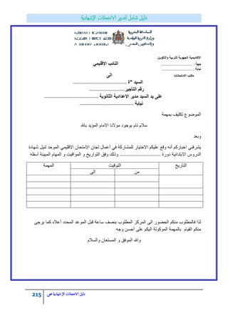215 ‫الامتحاانت‬ ‫دليل‬‫ال‬‫شهادية‬‫ص‬
‫والتكوٌن‬ ‫للتربٌة‬ ‫الجهوٌة‬ ‫االكادٌمٌة‬
‫جهة‬……………………………… :ً‫االقلٌم‬ ‫النائب‬
‫نٌابة‬;…………………………….
‫االمتحانات‬ ‫مكتب‬‫الى‬
‫"ة‬ ‫السٌد‬:----------------------------------------------------
‫رقم‬‫التأجٌر‬:----------------------------------
‫الثانوٌة‬ ‫االعدادٌة‬ ‫مدٌر‬ ‫السٌد‬ ‫ٌد‬ ‫على‬:----------------------------------------------------
‫نٌابة‬:----------------------------------------------------
‫بمهمة‬ ‫تكلٌؾ‬ ‫الموضوع‬
‫باهلل‬ ‫المؤٌد‬ ‫االمام‬ ‫موالنا‬ ‫بوجود‬ ‫تام‬ ‫سالم‬
‫وبعد‬
‫شهادة‬ ‫لنٌل‬ ‫الموحد‬ ً‫االقلٌم‬ ‫االمتحان‬ ‫لجان‬ ‫أعمال‬ ً‫ف‬ ‫للمشاركة‬ ‫االختٌار‬ ‫علٌكم‬ ‫وقع‬ ‫أنه‬ ‫اخباركم‬ ً‫ٌشرفن‬
‫دورة‬ ‫االبتدابٌة‬ ‫الدروس‬----------------------------------------‫أسفله‬ ‫المبٌنة‬ ‫المهام‬ ‫و‬ ‫المواقٌت‬ ‫و‬ ‫التوارٌخ‬ ‫وفق‬ ‫وذلك‬
‫التارٌخ‬‫التوقٌت‬‫المهمة‬
‫من‬‫الى‬
‫ٌرجى‬ ‫كما‬ ‫أعاله‬ ‫المحدد‬ ‫الموعد‬ ‫قبل‬ ‫ساعة‬ ‫بنصؾ‬ ‫المطلوب‬ ‫المركز‬ ‫الى‬ ‫الحضور‬ ‫منكم‬ ‫فالمطلوب‬ ‫لذا‬
‫الق‬ ‫منكم‬ٌ‫ام‬‫وجه‬ ‫أحسن‬ ‫على‬ ‫الٌكم‬ ‫الموكولة‬ ‫بالمهمة‬
‫والسالم‬ ‫المستعان‬ ‫و‬ ‫الموفق‬ ‫وهللا‬
 