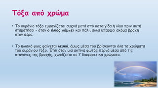 • Το ουράνιο τόξο εμφανίζεται συχνά μετά από καταιγίδα ή λίγο πριν αυτή
σταματήσει - όταν ο ήλιος λάμπει και πάλι, αλλά υπάρχει ακόμα βροχή
στον αέρα.
• Το ηλιακό φως φαίνεται λευκό, όμως μέσα του βρίσκονται όλα τα χρώματα
του ουράνιου τόξο. Έτσι όταν μια ακτίνα φωτός περνά μέσα από τις
σταγόνες της βροχής, χωρίζεται σε 7 διαφορετικά χρώματα.
Τόξα από χρώμα
 