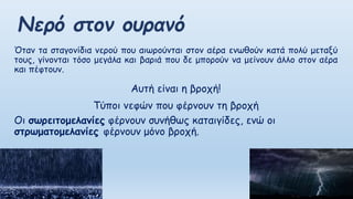 Όταν τα σταγονίδια νερού που αιωρούνται στον αέρα ενωθούν κατά πολύ μεταξύ
τους, γίνονται τόσο μεγάλα και βαριά που δε μπορούν να μείνουν άλλο στον αέρα
και πέφτουν.
Αυτή είναι η βροχή!
Τύποι νεφών που φέρνουν τη βροχή
Οι σωρειτομελανίες φέρνουν συνήθως καταιγίδες, ενώ οι
στρωματομελανίες φέρνουν μόνο βροχή.
 