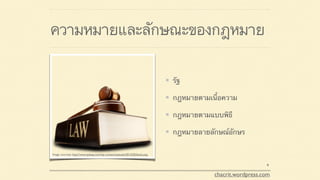 ความหมายและลักษณะของกฎหมาย
รัฐ
กฎหมายตามเนื้อความ
กฎหมายตามแบบพิธี
กฎหมายลายลักษณ์อักษร
Image courtesy: http://blueprintlsat.com/lsatblog/wp-content/uploads/2016/04/branden-lsat-blog-admissions-intro-1.jpg
4
chacrit.wordpress.com
Image courtesy: http://www.qsleap.com/wp-content/uploads/2015/05/book.png
 