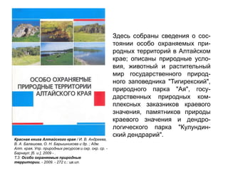 Красная книга Алтайского края / И. В. Андреева,
В. А. Балашова, О. Н. Барышникова и др. ; Адм.
Алт. края, Упр. природных ресурсов и охр. окр. ср. -
Барнаул: [б. и.], 2009 - .
Т.3: Особо охраняемые природные
территории. - 2009. - 272 с.: цв.ил.
Здесь собраны сведения о сос-
тоянии особо охраняемых при-
родных территорий в Алтайском
крае; описаны природные усло-
вия, животный и растительный
мир государственного природ-
ного заповедника "Тигирекский",
природного парка "Ая", госу-
дарственных природных ком-
плексных заказников краевого
значения, памятников природы
краевого значения и дендро-
логического парка "Кулундин-
ский дендрарий".
 