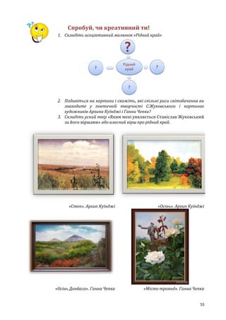 55
Спробуй, чи креативний ти!
1. Складіть асоціативний малюнок «Рідний край»
2. Подивіться на картини і скажіть, які спільні риси світобачення ви
знаходите у поетичній творчості С.Жуковського і картинах
художників Архипа Куїнджі і Ганни Чепки?
3. Складіть усний твір «Яким мені уявляється Станіслав Жуковський
за його віршами» або власний вірш про рідний край.
«Степ». Архип Куїнджі «Осінь». Архип Куїнджі
«Осінь Донбаса». Ганна Чепка «Місто троянд». Ганна Чепка
Рідний
край
?
?
?
?
 