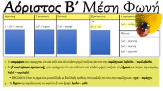 1. Το απαρέμφατο(που προέρχεται είτε από απλό είτε από σύνθετο ρήμα) τονίζεται πάντοτε στην παραλήγουσα: λαβέσθαι – παραλαβέσθαι.
2. Το β΄ ενικό πρόσωπο προστακτικής (που προέρχεται είτε από απλό είτε από σύνθετο ρήμα) τονίζεται στη λήγουσα και παίρνει περισπωμένη:
λαβοῦ – παραλαβοῦ.
• ΠΡΟΣΟΧΗ: Όταν το ρήμα είναι μονοσύλλαβο με δισύλλαβη πρόθεση, τότε ανεβάζει τον τόνο στην παραλήγουσα : σχοῦ – παράσχου.
3. Το δίχρονο της παραλήγουσας του αορίστου β’ είναι βραχύ: ἔμαθον– μάθε.
 
