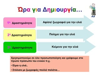 Ώρα για Δημιουργία…
1η Δραστηριότητα Αφίσα/ ζωγραφιά για την ελιά
2η Δραστηριότητα Ποίημα για την ελιά
3η Δραστηριότητα Κείμενο για την ελιά
Χρησιμοποιούμε σε όλα προσωποποίηση και γράφουμε στο
πρώτο πρόσωπο του ενικού π.χ.
• Είμαι η ελιά..
• Στόλισα με ζωγραφιές πολλά παλάτια…
 