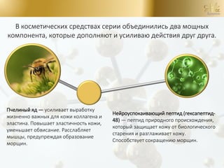 В косметических средствах серии объединились два мощных
компонента, которые дополняют и усиливаю действия друг друга.
Пчелиный яд — усиливает выработку
жизненно важных для кожи коллагена и
эластина. Повышает эластичность кожи,
уменьшает обвисание. Расслабляет
мышцы, предупреждая образование
морщин.
Нейроуспокаивающий пептид (гексапептид-
48) — пептид природного происхождения,
который защищает кожу от биологического
старения и разглаживает кожу.
Способствует сокращению морщин.
 