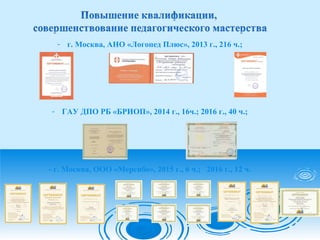 - г. Москва, АНО «Логопед Плюс», 2013 г., 216 ч.;
- ГАУ ДПО РБ «БРИОП», 2014 г., 16ч.; 2016 г., 40 ч.;
- г. Москва, ООО «Мерсибо», 2015 г., 6 ч.; 2016 г., 12 ч.
 