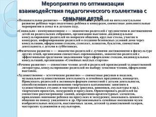 Мероприятия по оптимизацииМероприятия по оптимизации
взаимодействия педагогического коллектива свзаимодействия педагогического коллектива с
семьями детейсемьями детей«Познавательное развитие» — обращать внимание родителей на интеллектуальное 
развитие ребёнка через подготовку ребёнка к конкурсам, совместные дополнительные 
мероприятия в семье и в детском саду. 
«Социально - коммуникативное » — знакомство родителей с трудностями и достижениями 
детей на родительских собраниях, организация выставок ,индивидуальное 
консультирование родителей по вопросам общения, круглые столы, участие в 
конкурсах. информирование родителей о создании безопасных условий дома через 
консультации, оформлении стендов, стенгазет, плакатов, буклетов, совместная 
деятельность с детьми в субботниках. 
«Физическое развитие » — знакомство родителей с лучшими достижениями в физкультуре 
других семей, организация совместных соревнованиях, знакомство родителей с 
эффективными средствами закаливания через оформление стендов, индивидуальных 
консультаций, организацию «Семейных весёлых стартов» 
«Речевое развитие» — совместное чтение детей и родителей произведений художественной 
литературы, консультирование родителей по выбору тематики чтения, оформление 
выставок. 
«Художественное – эстетическое развитие» — совместные рисунки и поделки, 
музыкально-художественная деятельность в семейных праздниках, концертах. 
Привлекать родителей к активным формам совместной с детьми деятельности, 
способствующим возникновению творческого вдохновения: занятиям в 
художественных студиях и мастерских (рисунка, живописи, скульптуры и пр.), 
творческим проектам, экскурсиям и прогулкам. Ориентировать родителей на 
совместное рассматривание зданий, декоративно-архитектурных элементов, 
привлекших внимание ребенка на прогулках и экскурсиях; показывать ценность 
общения по поводу увиденного и др. Организовывать семейные посещения музея 
изобразительных искусств, выставочных залов, детской художественной галереи, 
мастерских художников и скульпторов.
 