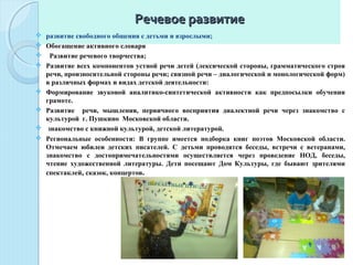 Речевое развитиеРечевое развитие
 развитие свободного общения с детьми и взрослыми;
 Обогащение активного словаря
 Развитие речевого творчества;
 Развитие всех компонентов устной речи детей (лексической стороны, грамматического строя
речи, произносительной стороны речи; связной речи – диалогической и монологической форм)
в различных формах и видах детской деятельности:
 Формирование звуковой аналитико-синтетической активности как предпосылки обучения
грамоте.
 Развитие речи, мышления, первичного восприятия диалектной речи через знакомство с
культурой г. Пушкино Московской области.
 знакомство с книжной культурой, детской литературой.
 Региональные особенности: В группе имеется подборка книг поэтов Московской области.
Отмечаем юбилеи детских писателей. С детьми проводятся беседы, встречи с ветеранами,
знакомство с достопримечательностями осуществляется через проведение НОД, беседы,
чтение художественной литературы. Дети посещают Дом Культуры, где бывают зрителями
спектаклей, сказок, концертов.
 