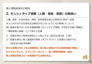 人種、信条、社会的身分、病歴、犯罪被害を受けた事実及び前科・前歴
本人に対する不当な差別又は偏見が生じないようにその取扱いについて
特に配慮を要するいわゆる機微情報（センシティブ情報）が含まれる個人情報を
「要配慮個人情報」として新たに定義
① 同意を得ない取得を原則として禁止する（改正法2条3項、17条）
② 同意を得ない第三者提供の特例（オプトアウト）の対象から除外する
（改正法23条2項柱書）
新たに整理された「個人情報概念」及び個人情報のうちの機微情報を明確に
カテゴライズして、プライバシーポリシー、個人情報管理規程・細則、
個人情報の管理フローを再構築する必要がある。
10
個人情報保護法の解説
2. センシィティブ情報（人種・信条・病歴）の取扱い
 