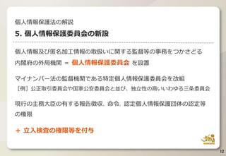 個人情報及び匿名加工情報の取扱いに関する監督等の事務をつかさどる
内閣府の外局機関 ＝ 個人情報保護委員会 を設置
マイナンバー法の監督機関である特定個人情報保護委員会を改組
［例］公正取引委員会や国家公安委員会と並び、独立性の高いいわゆる三条委員会
現行の主務大臣の有する報告徴収、命令、認定個人情報保護団体の認定等
の権限
＋ 立入検査の権限等を付与
12
個人情報保護法の解説
5. 個人情報保護委員会の新設
 