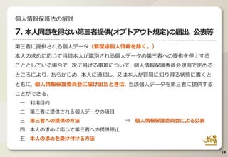 第三者に提供される個人データ（要配慮個人情報を除く。）
本人の求めに応じて当該本人が識別される個人データの第三者への提供を停止する
こととしている場合で、次に掲げる事項について、個人情報保護委員会規則で定める
ところにより、あらかじめ、本人に通知し、又は本人が容易に知り得る状態に置くと
ともに、個人情報保護委員会に届け出たときは、当該個人データを第三者に提供する
ことができる。
一 利用目的
二 第三者に提供される個人データの項目
三 第三者への提供の方法 ⇒ 個人情報保護委員会による公表
四 本人の求めに応じて第三者への提供停止
五 本人の求めを受け付ける方法
14
個人情報保護法の解説
7. 本人同意を得ない第三者提供(オプトアウト規定)の届出、公表等
 