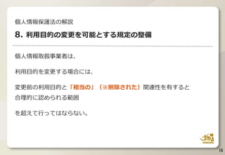 個人情報取扱事業者は、
利用目的を変更する場合には、
変更前の利用目的と「相当の」（※削除された）関連性を有すると
合理的に認められる範囲
を超えて行ってはならない。
15
個人情報保護法の解説
8. 利用目的の変更を可能とする規定の整備
 