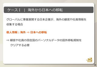 グローバルに事業展開する日本企業が、海外の顧客や社員情報を
収集する場合
個人情報：海外 ⇒ 日本への移転
⇒ 顧客や社員の居住国のパーソナルデータの国外移転規制を
クリアする必要
23
ケースⅠ | 海外から日本への移転
 