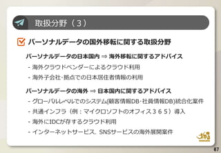 67
取扱分野（３）
パーソナルデータの国外移転に関する取扱分野
パーソナルデータの日本国内 ⇒ 海外移転に関するアドバイス
- 海外クラウドベンダーによるクラウド利用
- 海外子会社･拠点での日本居住者情報の利用
パーソナルデータの海外 ⇒ 日本国内に関するアドバイス
- グローバルレベルでのシステム(顧客情報DB･社員情報DB)統合化案件
- 共通インフラ（例：マイクロソフトのオフィス３６５）導入
- 海外にIDCが存するクラウド利用
- インターネットサービス、SNSサービスの海外展開案件
 