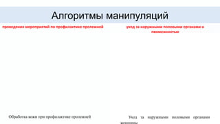 Алгоритмы манипуляций
проведения мероприятий по профилактике пролежней
Обработка кожи при профилактике пролежней
уход за наружными половыми органами и
промежностью
Уход за наружными половыми органами
 