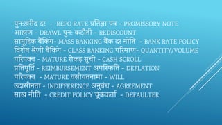 पुन:खरीद‍दर‍‍- REPO RATE प्रतत‍ज्ञा‍पत्र‍- PROMISSORY NOTE
आहरण‍- DRAWL पुन: कटौती‍- REDISCOUNT
सामूहह‍क‍बैंतकिंग- MASS BANKING बैंक‍दर‍नीतत‍‍‍- BANK RATE POLICY
तव‍िेष‍श्रेणी‍बैंतकिंग‍- CLASS BANKING परर‍माण- QUANTITY/VOLUME
परर‍पक्व‍- MATURE रोकड़‍सूची - CASH SCROLL
प्रतत‍पूतति‍‍- REIMBURSEMENT अपन्स्‍फ‍तत‍‍- DEFLATION
परर‍पक्‍व‍‍- MATURE वसीयतनामा‍- WILL
उदासीनता - INDIFFERENCE अनुबंध‍- AGREEMENT
साख‍नीतत‍‍‍- CREDIT POLICY चूककता‍‍- DEFAULTER
 