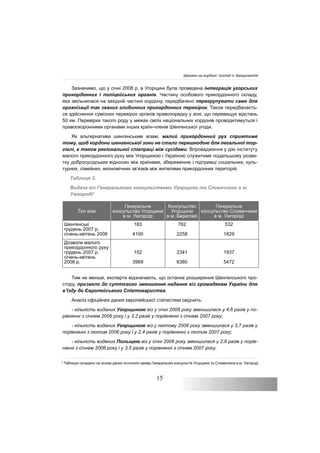 15
Зазначимо, що у січні 2008 р. в Угорщині була проведена інтеграція угорських
прикордонних і поліцейських органів. Частину особового прикордонного складу,
яка звільнилася на західній частині кордону, передбачено перегрупувати саме для
організації так званих глибинних прикордонних перевірок. Також передбачаєть-
ся здійснення сумісних перевірок органів правопорядку у зоні, що перевищує відстань
50 км. Перевірки такого роду у межах своїх національних кордонів проводитимуться і
правоохоронними органами інших країн-членів Шенгенської угоди.
Як альтернатива шенгенським візам, малий прикордонний рух сприятиме
тому, щоб кордони шенгенської зони не стали перешкодою для легальної тор-
гівлі, а також регіональної співпраці між сусідами. Впровадження у дію інституту
малого прикордонного руху між Угорщиною і Україною служитиме подальшому розви-
тку добросусідських відносин між країнами, збереженню і підтримці соціальних, куль-
турних, сімейних, економічних зв’язків між жителями прикордонних територій.
Таблиця 2.
Видача віз Генеральними консульствами Угорщини та Словаччини в м.
Ужгороді3
Тип візи
Генеральне
консульство Угорщини
в м. Ужгороді
Консульство
Угорщини
в м. Берегово
Генеральне
консульство Словаччини
в м. Ужгороді
Шенгенські
грудень 2007 р.
січень-квітень 2008
183
4190
762
2258
532
1829
Дозволи малого
прикордонного руху
грудень 2007 р.
січень-квітень
2008 р.
152
3969
2341
6380
1937
5472
Тим не менше, експерти відзначають, що останнє розширення Шенгенського про-
стору, призвело до суттєвого зменшення надання віз громадянам України для
в’їзду до Європейського Співтовариства.
Аналіз офіційних даних європейської статистики свідчить:
- кількість виданих Угорщиною віз у січні 2008 року зменшилася у 4,6 разів у по-
рівнянні з січнем 2006 року і у 3,2 разів у порівнянні з січнем 2007 року;
- кількість виданих Угорщиною віз у лютому 2008 року зменшилася у 3,7 разів у
порівнянні з лютим 2006 року і у 2,4 разів у порівнянні з лютим 2007 року;
- кількість виданих Польщею віз у січні 2008 року зменшилася у 2,8 разів у порів-
нянні з січнем 2006 року і у 3,5 разів у порівнянні з січнем 2007 року.
3
Таблицю складено на основі даних поточного архіву Генеральних консульств Угорщини та Словаччини в м. Ужгороді
Шенген на кордоні: погляд із Закарпаття
 