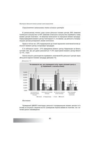 40
Сприйняття заявниками появи візових центрів
В узагальненому питанні щодо оцінки діяльності візових центрів, 69% заявників
італійського консульства та 45% заявників іспанського консульства сприймають появу
візових центрів позитивно - як механізм полегшення та спрощення візових процедур.
Серед відвідувачів візового центру Італії відсутні ті, хто вважає, що діяльність посеред-
ницьких центрів ускладнюють візове клопотання.
Однак в той же час 23% подорожуючих до Іспанії відзначили негативний вплив ді-
яльності візового центру на відповідні процедури.
Є й нейтральні оцінки - 21% відвідувачів візового центру Нідерландів не бачать
суттєвих змін. До цієї думки долучаються 11,5% користувачів візового центру Бельгії
та 11% - Італії.
Значна кількість респондентів сприймають негативний бік діяльності центрів через
збільшення вартості візових процедур (Діаграма 13).
Діаграма 13
Висновки
Проведений ЦМКЗПУ моніторинг діяльності посередницьких візових центрів та їх
впливу на ситуацію з видачею віз ЄС громадянам України виявив як позитиви, так і не-
гативи даного нововведення.
50 00%
60,00%
70,00%
45,00%
56,80%
3,00%
62,70%
69,00%
20%
ɑɢ ɜɜɚɠɚɽɬɟ ɜɢ, ɳɨ ɨɬɪɢɦɭɜɚɬɢ ɜɿɡɭ ɱɟɪɟɡ ɜɿɡɨɜɢɣ ɰɟɧɬɪ ɽ
(ɭ ɩɨɪɿɜɧɹɧɧɿ ɡ ɩɨɫɨɥɶɫɬɜɨɦ):
0,00%
10,00%
20,00%
30,00%
40,00%
50,00%
ˉ̖ ̨̪̣̖̹̖̦̦̐́ ̯̌
̨̭̪̬̺̖̦̦́ ̵̨̛̞̏̏̚
̶̨̪̬̖̱̬̔
ˉ̖ ̡̱̭̣̦̖̦̦̌̔́ ̵̨̛̞̏̏̚
̶̨̪̬̖̱̬̔
ˉ̖ ̞̣̹̖̦̦̍̽́̚ ̨̬̯̭̯̞̏̌
̵̨̛̞̏̏̚ ̶̨̪̬̖̱̬̔
ʦ̨̞̞̏̚ ̶̨̛̪̬̖̱̬̔
̛̣̹̯̭̌̌̀̽́̚
̛̛̦̖̥̞̦̦̥̚
4
23,50%
9,80%
43
9,80%
21,50%
0,00%
23,00%
11,50%
39,2
8,40%
30,80%
11%
ʳ̭̪̦̞̌́ ʻ̛̞̖̬̣̦̔̌̔ ʳ̯̣̞̌́ ʥ̖̣̞̽̐́
Моніторинг діяльності візових центрів: аналіз результатів
 