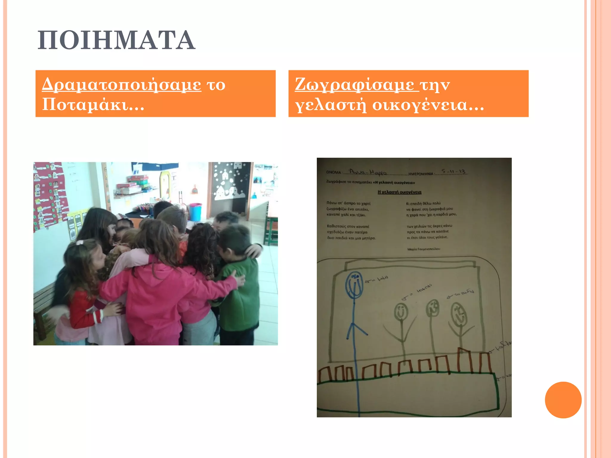 ΠΟΙΗΜΑΤΑ
Δραματοποιήσαμε το
Ποταμάκι…
Ζωγραφίσαμε την
γελαστή οικογένεια…
 