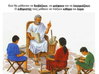 Εκεί θα μάθαιναν να διαβάζουν, να γράφουν και να λογαριάζουν.
O κιθαριστής τούς μάθαινε να παίζουν κιθάρα και λύρα.
 