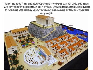 Τα σπίτια τους ήταν χτισμένα γύρω από την ακρόπολη και μέσα στα τείχη.
Στο κέντρο ήταν η ακρόπολη και η αγορά. Όπως είπαμε, στη ζωηρή αγορά
της Αθήνας μπορούσαν να συναντηθούν κάθε λογής άνθρωποι, πλούσιοι
και φτωχοί.
 