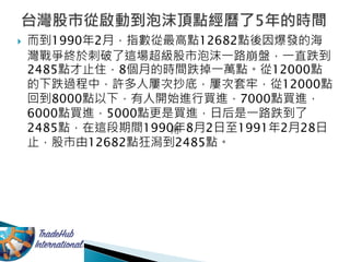  而到1990年2月，指數從最高點12682點後因爆發的海
灣戰爭終於刺破了這場超級股市泡沫一路崩盤，一直跌到
2485點才止住，8個月的時間跌掉一萬點。從12000點
的下跌過程中，許多人屢次抄底，屢次套牢，從12000點
回到8000點以下，有人開始進行買進，7000點買進，
6000點買進，5000點更是買進，日后是一路跌到了
2485點，在這段期間1990年8月2日至1991年2月28日
止，股市由12682點狂潟到2485點。
用
 
