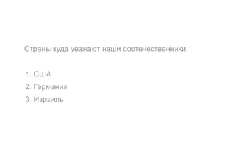 Страны куда уезжают наши соотечественники:
1. США
2. Германия
3. Израиль
 