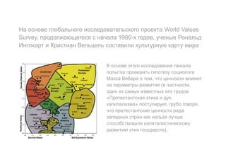 На основе глобального исследовательского проекта World Values
Survey, продолжающегося с начала 1980-х годов, ученые Рональд
Инглхарт и Кристиан Вельцель составили культурную карту мира
В основе этого исследования лежала
попытка проверить гипотезу социолога
Макса Вебера о том, что ценности влияют
на параметры развития (в частности,
один из самых известных его трудов
«Протестантская этика и дух
капитализма» постулирует, грубо говоря,
что протестантские ценности ряда
западных стран как нельзя лучше
способствовали капиталистическому
развитию этих государств).
 