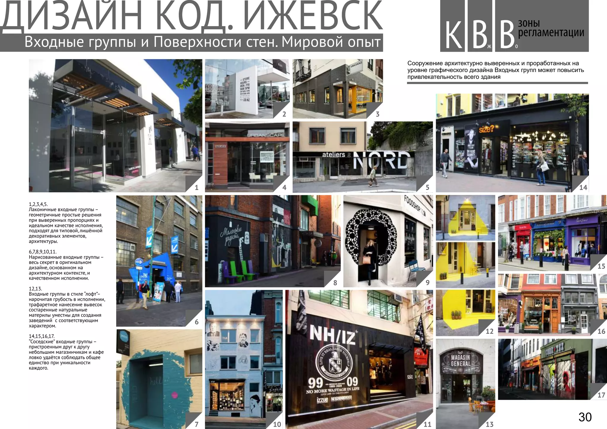 1,2,3,4,5.
Лаконичные входные группы –
геометричные простые решения
при выверенных пропорциях и
идеальном качестве исполнения,
подходят для типовой, лишённой
декоративных элементов,
архитектуры.
6,7,8,9,10,11.
Нарисованные входные группы –
весь секрет в оригинальном
дизайне, основанном на
архитектурном контексте, и
качественном исполнении.
12,13.
Входные группы в стиле “лофт”–
нарочитая грубость в исполнении,
трафаретное нанесение вывесок
состаренные натуральные
материлы уместны для создания
заведений с соответствующим
характером.
14,15,16,17.
“Соседские” входные группы –
пристроенным друг к другу
небольшим магазинчикам и кафе
ловко удаётся соблюдать общее
единство при уникальности
каждого.
41
2 3
8
5 14
12
13
16
17
15
9
11
6
7 10
Сооружение архитектурно выверенных и проработанных на
уровне графического дизайна Входных групп может повысить
привлекательность всего здания
зоны
регламентации
Вж оВКВходные группы и Поверхности стен. Мировой опыт
30
 
