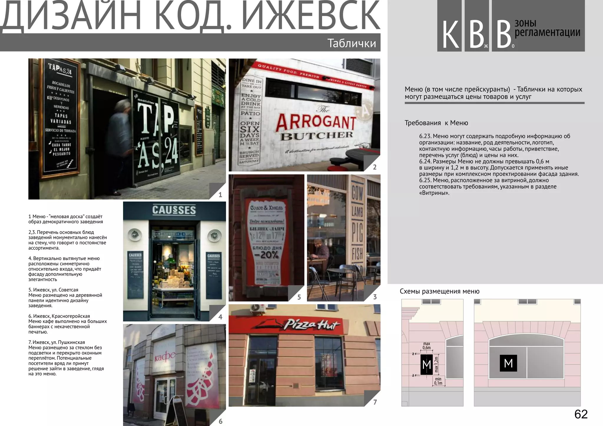 Таблички
Меню (в том числе прейскуранты) - Таблички на которых
могут размещаться цены товаров и услуг
Требования к Меню
1 Меню -“меловая доска” создаёт
образ демократичного заведения
2,3. Перечень основных блюд
заведений монументально нанесён
на стену, что говорит о постоянстве
ассортимента.
4. Вертикально вытянутые меню
расположены симметрично
относительно входа, что придаёт
фасаду дополнительную
элегантность
5. Ижевск, ул. Советсая
Меню размещено на деревянной
панели идентично дизайну
заведения.
6. Ижевск, Красногеройская
Меню кафе выполнено на больших
баннерах с некачественной
печатью.
7. Ижевск, ул. Пушкинская
Меню размещено за стеклом без
подсветки и перекрыто оконным
переплётом. Потенциальные
посетители вряд ли примут
решение зайти в заведение, глядя
на это меню.
6.23. Меню могут содержать подробную информацию об
организации: название, род деятельности, логотип,
контактную информацию, часы работы, приветствие,
перечень услуг (блюд) и цены на них.
6.24. Размеры Меню не должны превышать 0,6 м
в ширину и 1,2 м в высоту. Допускается применять иные
размеры при комплексном проектировании фасада здания.
6.25. Меню, расположенное за витриной, должно
соответствовать требованиям, указанным в разделе
«Витрины».
зоны
регламентации
Вж оВ
М
max1,2m
max
0,6m
М
а
а
min
0,1m
Схемы размещения меню
К
62
4
1
2
35
7
6
 