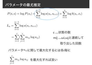 パラメータの最尤推定
P(x, s) = log P(s1) +
n−1X
t=1
log a(st, st+1) +
nX
t=1
log b(st, xt)
La =
n−1X
t=1
log a(st, st+1)
=
cX
i=1
(
cX
j=1
mij log aij)
c …状態の数
mij …ωi,ωjと連続して
　　 取り出した回数
パラメータ　 に関して最大化するには各i毎に
を最大化すれば良い
aij
cX
j=1
mij log aij
 