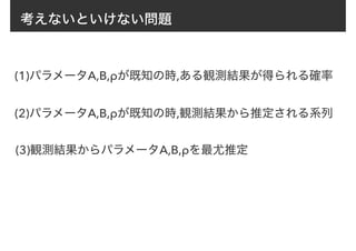 考えないといけない問題
(3)観測結果からパラメータA,B,ρを最尤推定
(1)パラメータA,B,ρが既知の時,ある観測結果が得られる確率
(2)パラメータA,B,ρが既知の時,観測結果から推定される系列
 