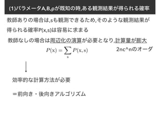 (1)パラメータA,B,ρが既知の時,ある観測結果が得られる確率
教師ありの場合は,sも観測できるため,そのような観測結果が
得られる確率P(x,s)は容易に求まる
教師なしの場合は周辺化の演算が必要となり,計算量が膨大
P(x) =
X
s
P(x, s) 2nc^nのオーダ
効率的な計算方法が必要
＝前向き・後向きアルゴリズム
 