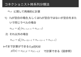 コネクショニスト時系列分類法
に関して再帰的に計算↵s,t
l’sが空白の場合,もしくはl’sが空白ではないが空白をまた
いで同じラベルの場合
1)
それ以外の場合2)
↵s,t = yt
l0
s
(↵s−1,t−1 + ↵s,t−1)
↵s,t = yt
l0
s
(↵s−2,t−1 + ↵s−1,t−1 + ↵s,t−1)
t=Tまで計算ができるとp(l|X)は
p(l|x) = ↵|l0|,T + ↵|l0|−1,T で計算できる（図参照）
 