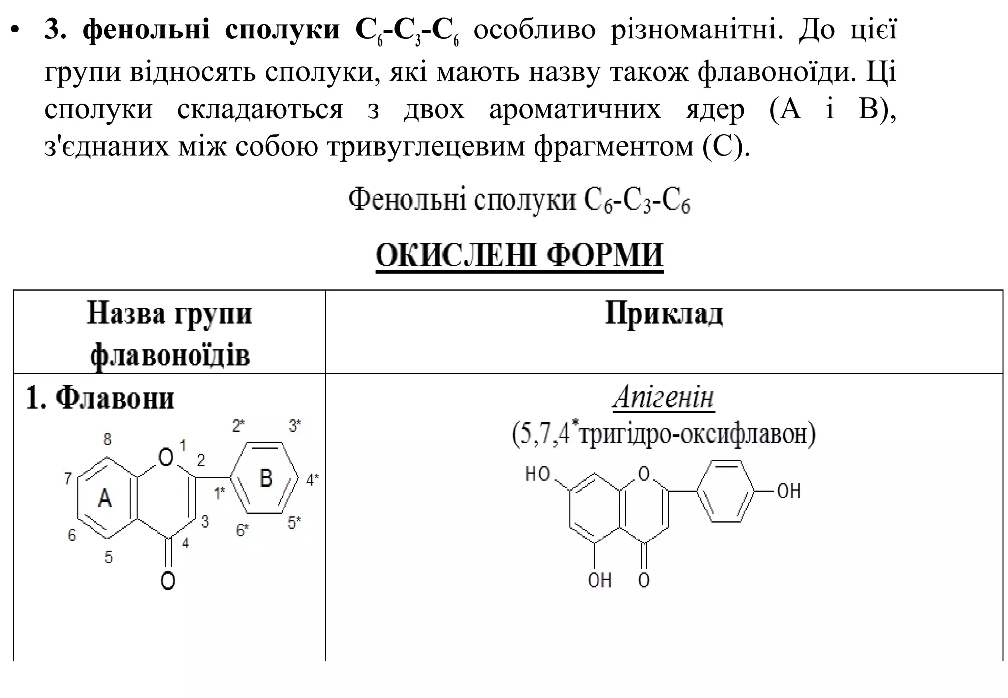 • 3. фенольні сполуки С6-С3-С6 особливо різноманітні. До цієї
групи відносять сполуки, які мають назву також флавоноїди. Ці
сполуки складаються з двох ароматичних ядер (А і В),
з'єднаних між собою тривуглецевим фрагментом (С).
 