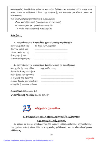 70
αντωνυµίας συνοδεύουν ρήµατα και είτε βρίσκονται µπροστά είτε πίσω από
αυτά, ενώ οι αδύνατοι τύποι της κτητικής αντωνυµίας µπαίνουν µετά τα
ουσιαστικά.
π.χ. Μου µίλησες; (προσωπική αντωνυµία)
Φέρε µας λίγο νερό. (προσωπική αντωνυµία)
Η τσάντα µου. (κτητική αντωνυµία)
Το σπίτι µας. (κτητική αντωνυµία)
Ασκήσεις
1. Να γράψεις τις παρακάτω φράσεις όπως παράδειγµα.
α) το δωµάτιό µου το δικό µου δωµάτιο
β) στην αυλή µας ……………………………………………………
γ) τα γατάκια της ……………………………………………………
δ) η γιορτή µας ……………………………………………………
ε) του αδερφού µου ……………………………………………………
2. Να γράψεις τις παρακάτω φράσεις όπως το παράδειγµα.
α) της δικής τους τάξης της τάξης τους
β) τα δικά σας εισιτήρια ……………………………………………………
γ) οι δικοί µας αγώνες ……………………………………………………
δ) η δική του σύζυγος ……………………………………………………
ε) των δικών της παιδιών ……………………………………………………
στ) η δική µου οικογένεια ……………………………………………………
Αντίθετα βλέπε σελ. 24
Οικογένειες λέξεων βλέπε σελ. 19
ΑΑΑξξξέέέχχχααασσστττααα γγγεεενννέέέθθθλλλιιιααα
Ο στιγµιαίος και ο εξακολουθητικός µέλλοντας
της ενεργητικής φωνής
Οι χρόνοι οι οποίοι αναφέρονται στο µέλλον (αύριο, µεθαύριο, αντιµεθαύριο,
του χρόνου κλπ.) είναι δύο: ο στιγµιαίος µέλλοντας και ο εξακολουθητικός
µέλλοντας.
mgavala
Επιμέλεια επανάληψης: Χρήστος Χαρμπής http://kritiria.blogspot.gr σελ.12
 