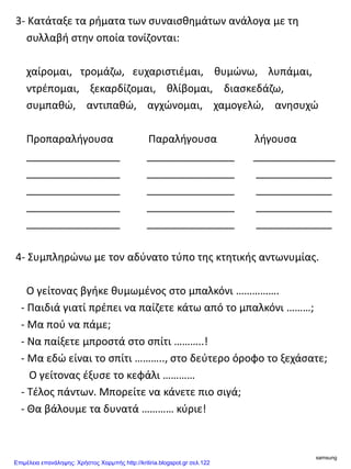 3- Κατάταξε τα ρήματα των συναισθημάτων ανάλογα με τη
συλλαβή στην οποία τονίζονται:
χαίρομαι, τρομάζω, ευχαριστιέμαι, θυμώνω, λυπάμαι,
ντρέπομαι, ξεκαρδίζομαι, θλίβομαι, διασκεδάζω,
συμπαθώ, αντιπαθώ, αγχώνομαι, χαμογελώ, ανησυχώ
Προπαραλήγουσα Παραλήγουσα λήγουσα
________________ _______________ ______________
________________ _______________ _____________
________________ _______________ _____________
________________ _______________ _____________
________________ _______________ _____________
4- Συμπληρώνω με τον αδύνατο τύπο της κτητικής αντωνυμίας.
Ο γείτονας βγήκε θυμωμένος στο μπαλκόνι …………….
- Παιδιά γιατί πρέπει να παίζετε κάτω από το μπαλκόνι ………;
- Μα πού να πάμε;
- Να παίξετε μπροστά στο σπίτι ………..!
- Μα εδώ είναι το σπίτι ……….., στο δεύτερο όροφο το ξεχάσατε;
Ο γείτονας έξυσε το κεφάλι …………
- Τέλος πάντων. Μπορείτε να κάνετε πιο σιγά;
- Θα βάλουμε τα δυνατά ………… κύριε!
samsung
Επιμέλεια επανάληψης: Χρήστος Χαρμπής http://kritiria.blogspot.gr σελ.122
 