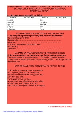 ΘΥΜΗΘΗΚΑΜΕ ΤΟ ΣΥΛΛΑΒΙΣΜΟ ΚΑΙ ΜΑΘΑΜΕ ΠΩΣ ΟΝΟΜΑΖΟΝΤΑΙ Η
ΣΥΛΛΑΒΕΣ ΠΟΥ ΤΟΝΙΖΟΝΤΑΙ (ΛΗΓΟΥΣΑ, ΠΑΡΑΛΗΓΟΥΣΑ,
ΠΡΟΠΑΡΑΛΗΓΟΥΣΑ )
4. Να χωρίσετε σε συλλαβές τις λέξεις:
ΛΕΞΕΙΣ ΣΥΛΛΑΒΕΣ ΛΕΞΕΙΣ ΣΥΛΛΑΒΕΣ
μαλλιά άστρο
περπατώ χορτάτος
έρχομαι δουλειά
βαθμός αρνί
άνθρωπος χόρτα
ΘΥΜΗΘΗΚΑΜΕ ΤΟΝ ΑΟΡΙΣΤΟ ΚΑΙ ΤΟΝ ΠΑΡΑΤΑΤΙΚΟ
5. Να γράψετε τις φράσεις στον αόριστο και στον παρατατικό:
Η μαμά καθαρίζει το σπίτι.
Παρατατικός: ………………………………………………………….
Αόριστος: ………………………………………………………………
Οι γείτονες γιορτάζουν την επέτειο τους.
Παρατατικός: ……………………………………………………………
Αόριστος: ………………………………………………………………
ΜΑΘΑΜΕ ΝΑ ΑΝΑΓΝΩΡΙΖΟΥΜΕ ΤΙΣ ΠΡΟΣΩΠΟΠΟΙΗΣΕΙΣ
6. Να υπογραμμίσετε τις προτάσεις που έχουν προσωποποίηση:
Το πουλάκι μου είπε το μυστικό σου. Το πρωί το χελιδόνι μου είπε:
«Καλημέρα». Η Μαρία φανέρωσε το μυστικό της Άννας. Το δέντρο είπε το
παράπονο του.
ΘΥΜΗΘΗΚΑΜΕ ΠΟΤΕ ΤΟΝΙΖΟΝΤΑΙ ΤΟ ΠΟΥ ΚΑΙ ΤΟ ΠΩΣ
7. Να τονίσετε τα που και πως που πρέπει
Που πήγαινες χθες που σε συνάντησα.
Που και που επισκέπτεσαι τους γονείς σου.
Αυτό που σου είπα.
Την περιμένει πως και πως.
Δε μας είπες πως πέρασες ούτε που πήγες.
Δε μου είπες πως έγραψες στο τεστ.
Είπε πως θα μου γράψει μα δεν τα κατάφερε.
Γ΄- Δ΄ ΤΑΞΗ ΤΟΥ 5ΟΥ ΔΗΜ. ΣΧ. ΒΕΡΟΙΑΣ
Επιμέλεια επανάληψης: Χρήστος Χαρμπής http://kritiria.blogspot.gr σελ.127
 
