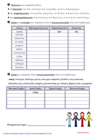  Κυκλώνω στις παρακάτω λέξεις :
 τη λήγουσα : α υ λ ή, κ α λ η μ έ ρ α, κ α ρ ά β ι, χ ι ό ν ι, δ ή μ α ρ χ ο ς
 την παραλήγουσα : π α τ ρ ί δ α, κ ά μ π ο ς, α ν θ ί ζ ω, Α π ρ ί λ ι ο ς, ο δ η γ ό ς
 την προπαραλήγουσα : δ ά σ κ α λ ο ς, ά ν θ ρ ω π ο ς, ε υ τ υ χ ί α, π α λ ι κ ά ρ ι
 Γράφω τις συλλαβές των παρακάτω λέξεων στη σωστή στήλη, όπως στο παράδειγμα :
Λέξεις Προπαραλήγουσα Παραλήγουσα Λήγουσα
τροφή τρο φή
κατσίκα
παίζοντας
μεγάλος
μνημείο
αηδόνι
σπουργίτης
αγόρι
αίθουσα
γάιδαρος
δουλειά
 Γράφω τις παρακάτω λέξεις στη σωστή στήλη, όπως στο παράδειγμα :
κόρη, επιτυχία, λάστιχο, εμένα, από, μια, κορίτσι, χελιδόνι, πια, μυστικά,
βλαστός, σας, καταιγίδα, καιρός, χιονόπτωση, με, τόπους, βόρεια, και, ευχαριστώ
Μονοσύλλαβες Δισύλλαβες Τρισύλλαβες Πολυσύλλαβες
κόρη
Ονοματεπώνυμο : ______________________________________
Λία ΦωσκόλουΕπιμέλεια επανάληψης: Χρήστος Χαρμπής http://kritiria.blogspot.gr σελ.39
 