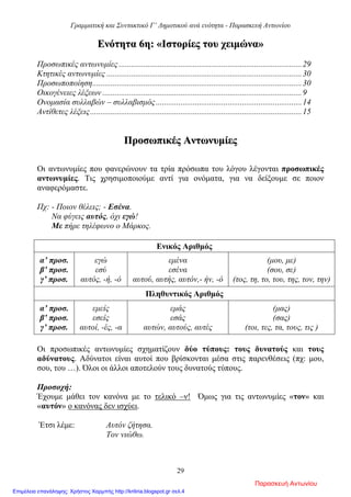 Γραμματική και Συντακτικό Γ’ Δημοτικού ανά ενότητα - Παρασκευή Αντωνίου
29
ΕΕννόόττηητταα 66ηη:: ««ΙΙσσττοορρίίεεςς ττοουυ χχεειιμμώώνναα»»
Προσωπικές αντωνυμίες .........................................................................................29
Κτητικές αντωνυμίες ...............................................................................................30
Προσωποποίηση......................................................................................................30
Οικογένειες λέξεων .................................................................................................9
Ονομασία συλλαβών – συλλαβισμός.......................................................................14
Αντίθετες λέξεις.......................................................................................................15
ΠΠρροοσσωωππιικκέέςς ΑΑννττωωννυυμμίίεεςς
Οι αντωνυμίες που φανερώνουν τα τρία πρόσωπα του λόγου λέγονται προσωπικές
αντωνυμίες. Τις χρησιμοποιούμε αντί για ονόματα, για να δείξουμε σε ποιον
αναφερόμαστε.
Πχ: - Ποιον θέλεις; - Εσένα.
Να φύγεις αυτός, όχι εγώ!
Με πήρε τηλέφωνο ο Μάρκος.
Ενικός Αριθμός
α’ προσ.
β’ προσ.
γ’ προσ.
εγώ
εσύ
αυτός, -ή, -ό
εμένα
εσένα
αυτού, αυτής, αυτόν,- ήν, -ό
(μου, με)
(σου, σε)
(τος, τη, το, του, της, τον, την)
Πληθυντικός Αριθμός
α’ προσ.
β’ προσ.
γ’ προσ.
εμείς
εσείς
αυτοί, -ές, -α
εμάς
εσάς
αυτών, αυτούς, αυτές
(μας)
(σας)
(τοι, τες, τα, τους, τις )
Οι προσωπικές αντωνυμίες σχηματίζουν δύο τύπους: τους δυνατούς και τους
αδύνατους. Αδύνατοι είναι αυτοί που βρίσκονται μέσα στις παρενθέσεις (πχ: μου,
σου, του …). Όλοι οι άλλοι αποτελούν τους δυνατούς τύπους.
Προσοχή:
Έχουμε μάθει τον κανόνα με το τελικό –ν! Όμως για τις αντωνυμίες «τον» και
«αυτόν» ο κανόνας δεν ισχύει.
Έτσι λέμε: Αυτόν ζήτησα.
Τον νιώθω.
Παρασκευή Αντωνίου
Επιμέλεια επανάληψης: Χρήστος Χαρμπής http://kritiria.blogspot.gr σελ.4
 