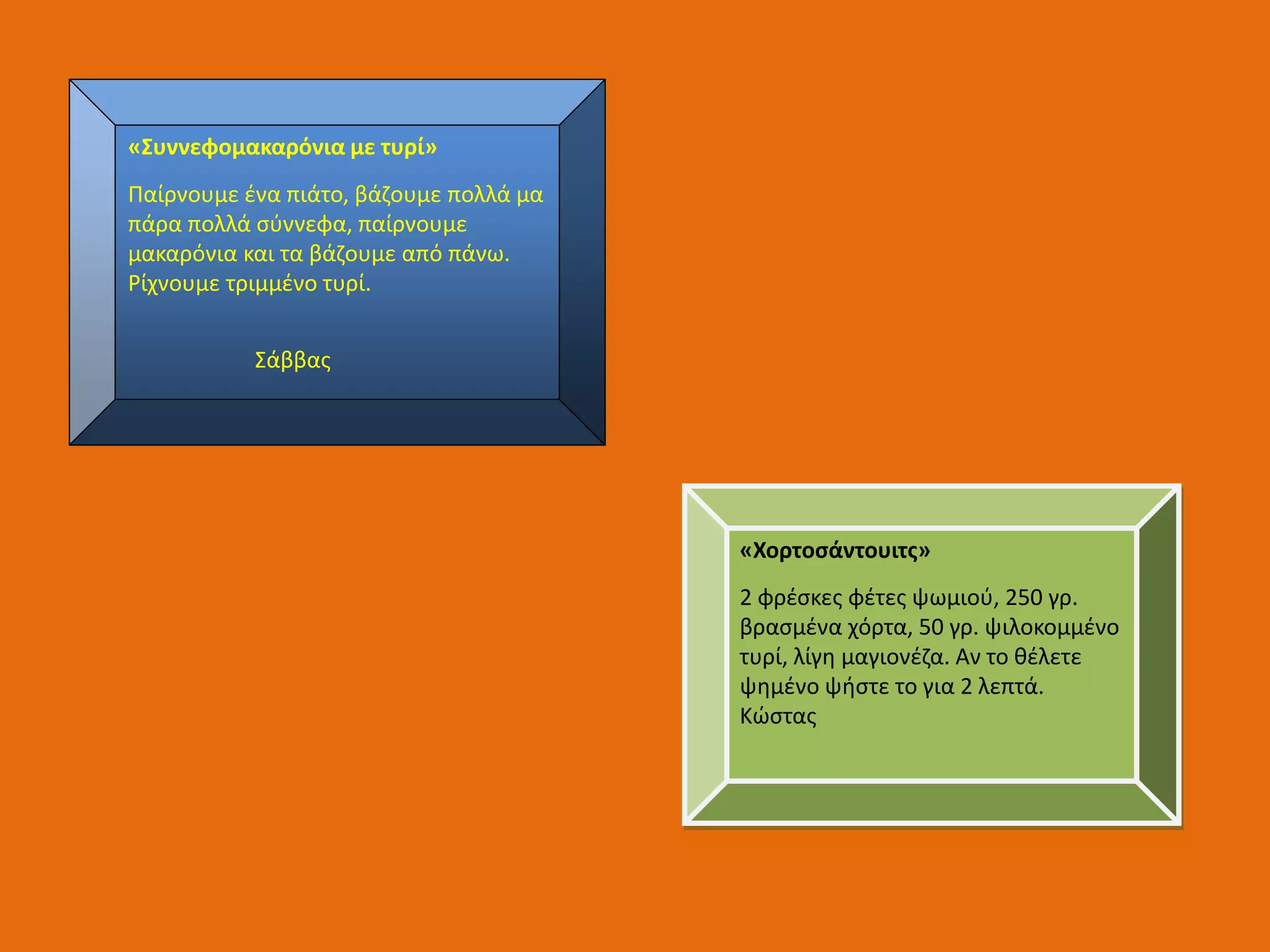 «Συννεφομακαρόνια με τυρί»
Παίρνουμε ένα πιάτο, βάζουμε πολλά μα
πάρα πολλά σύννεφα, παίρνουμε
μακαρόνια και τα βάζουμε από πάνω.
Ρίχνουμε τριμμένο τυρί.
Σάββας
«Χορτοσάντουιτς»
2 φρέσκες φέτες ψωμιού, 250 γρ.
βρασμένα χόρτα, 50 γρ. ψιλοκομμένο
τυρί, λίγη μαγιονέζα. Αν το θέλετε
ψημένο ψήστε το για 2 λεπτά.
Κώστας
 