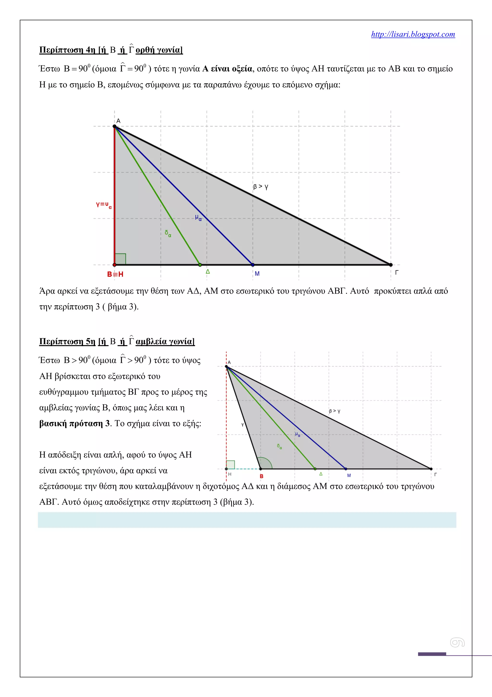 http://lisari.blogspot.com
Περίπτωση 4η [ή  ή  ορθή γωνία]
Έστω 0
90  (όμοια 0
90  ) τότε η γωνία Α είναι οξεία, οπότε το ύψος ΑΗ ταυτίζεται με το ΑΒ και το σημείο
Η με το σημείο Β, επομένως σύμφωνα με τα παραπάνω έχουμε το επόμενο σχήμα:
Άρα αρκεί να εξετάσουμε την θέση των ΑΔ, ΑΜ στο εσωτερικό του τριγώνου ΑΒΓ. Αυτό προκύπτει απλά από
την περίπτωση 3 ( βήμα 3).
Περίπτωση 5η [ή  ή  αμβλεία γωνία]
Έστω 0
90  (όμοια 0
90  ) τότε το ύψος
ΑΗ βρίσκεται στο εξωτερικό του
ευθύγραμμου τμήματος ΒΓ προς το μέρος της
αμβλείας γωνίας Β, όπως μας λέει και η
βασική πρόταση 3. Το σχήμα είναι το εξής:
Η απόδειξη είναι απλή, αφού το ύψος ΑΗ
είναι εκτός τριγώνου, άρα αρκεί να
εξετάσουμε την θέση που καταλαμβάνουν η διχοτόμος ΑΔ και η διάμεσος ΑΜ στο εσωτερικό του τριγώνου
ΑΒΓ. Αυτό όμως αποδείχτηκε στην περίπτωση 3 (βήμα 3).
 