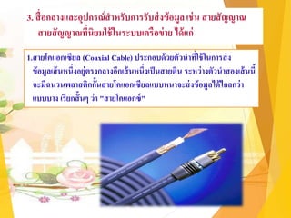 3. สื่อกลางและอุปกรณ์สาหรับการรับส่งข้อมูลเช่น สายสัญญาณ
สายสัญญาณที่นิยมใช้ในระบบเครือข่าย ได้แก่
1.สายโคแอกเซียล (Coaxial Cable) ประกอบด้วยตัวนาที่ใช้ในการส่ง
ข้อมูลเส้นหนึ่งอยู่ตรงกลางอีกเส้นหนึ่งเป็นสายดิน ระหว่างตัวนาสองเส้นนี้
จะมีฉนวนพลาสติกกั้นสายโคแอกเซียลแบบหนาจะส่งข้อมูลได้ไกลกว่า
แบบบาง เรียกสั้นๆ ว่า "สายโคแอกซ์"
 