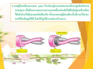 2. สายคู่บิดเกลียว(twisted pair) ในแต่ละคู่ของสายทองแดงซึ่งจะถูกพันกันตาม
มาตรฐาน เพื่อต้องการลดการรบกวนจากคลื่นแม่เหล็กไฟฟ้ากับคู่สายข้างเคียง
ได้แล้วผ่านไปยังสายเคเบิลเดียวกัน เนื่องจากสายคู่บิดเกลียวนั้นมีราคาไม่แพง
มากใช้ส่งข้อมูลได้ดี จึงทาให้ถูกใช้งานอย่างกว้างขวาง
 